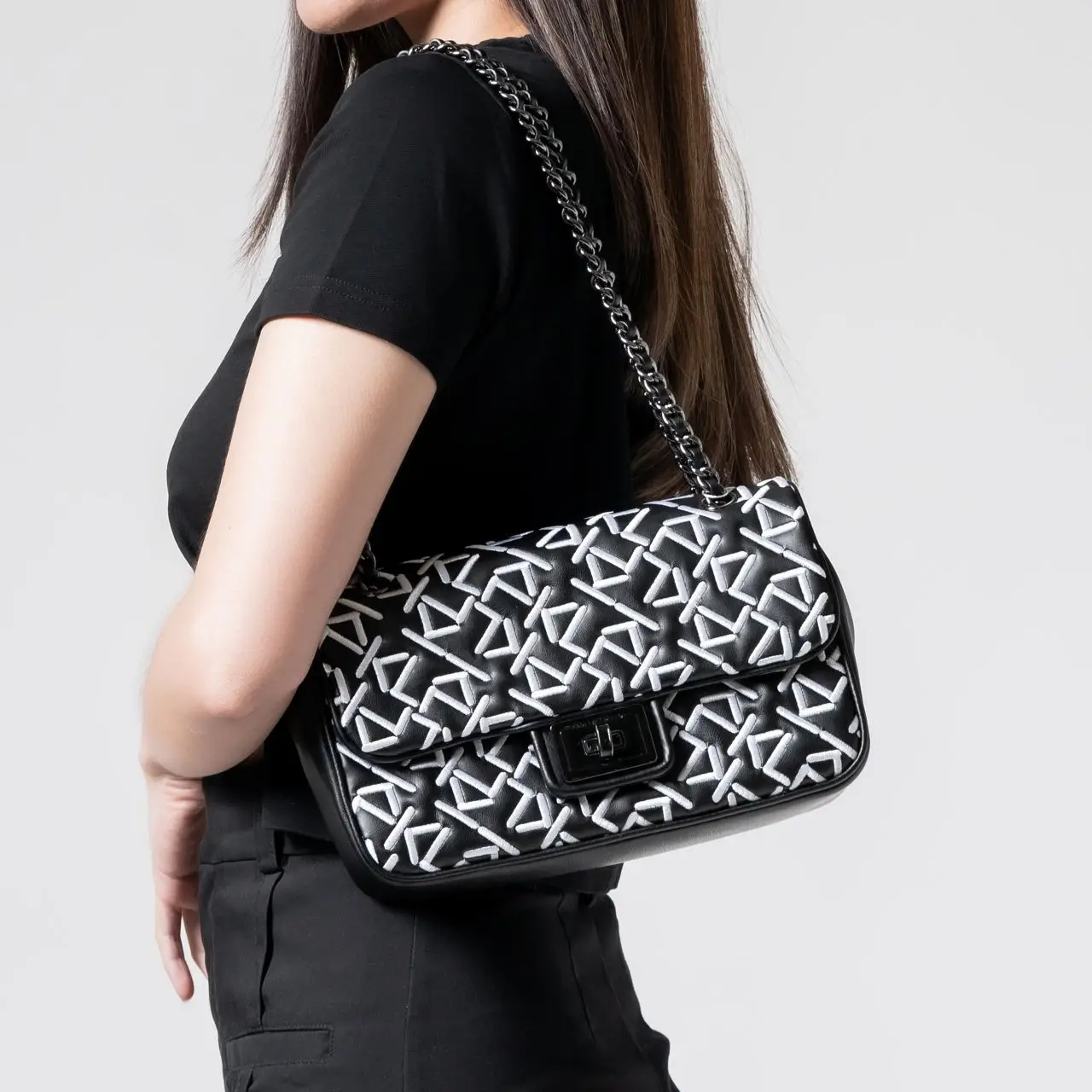 Karl Lagerfeld Paris Agyness Embroidered Logo Shoulder Bag Black  