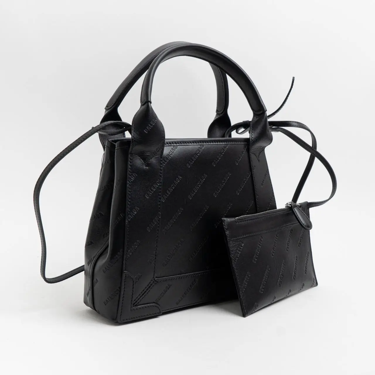 Balenciaga Navy XS Cabas Handbag Embossed Logo Jacquard Leather 