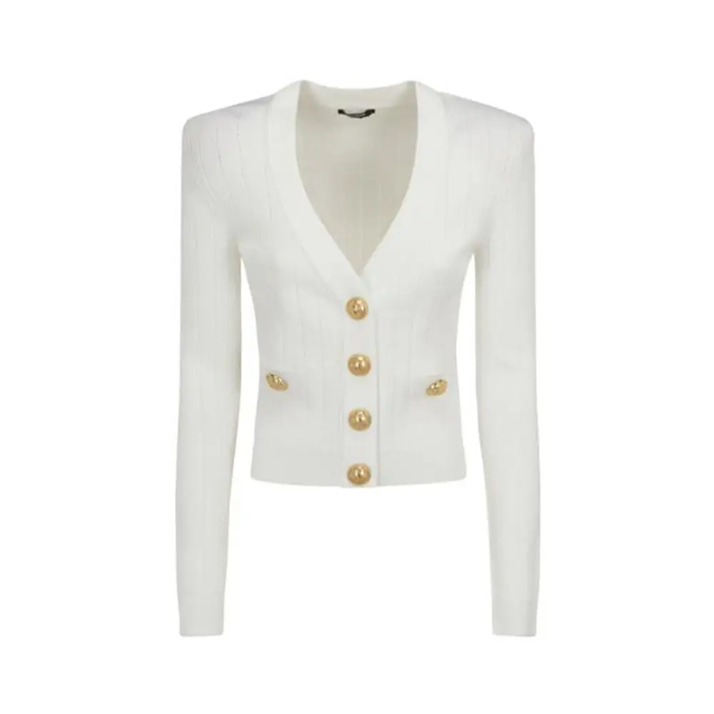 Gold Trim Cropped Knit Cardigan White/Beige