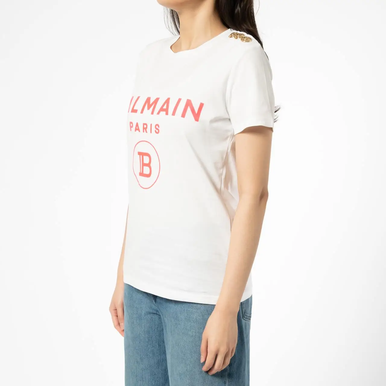 Balmain Flock Coin Neon Pink B Paris Logo T-Shirt White Women 