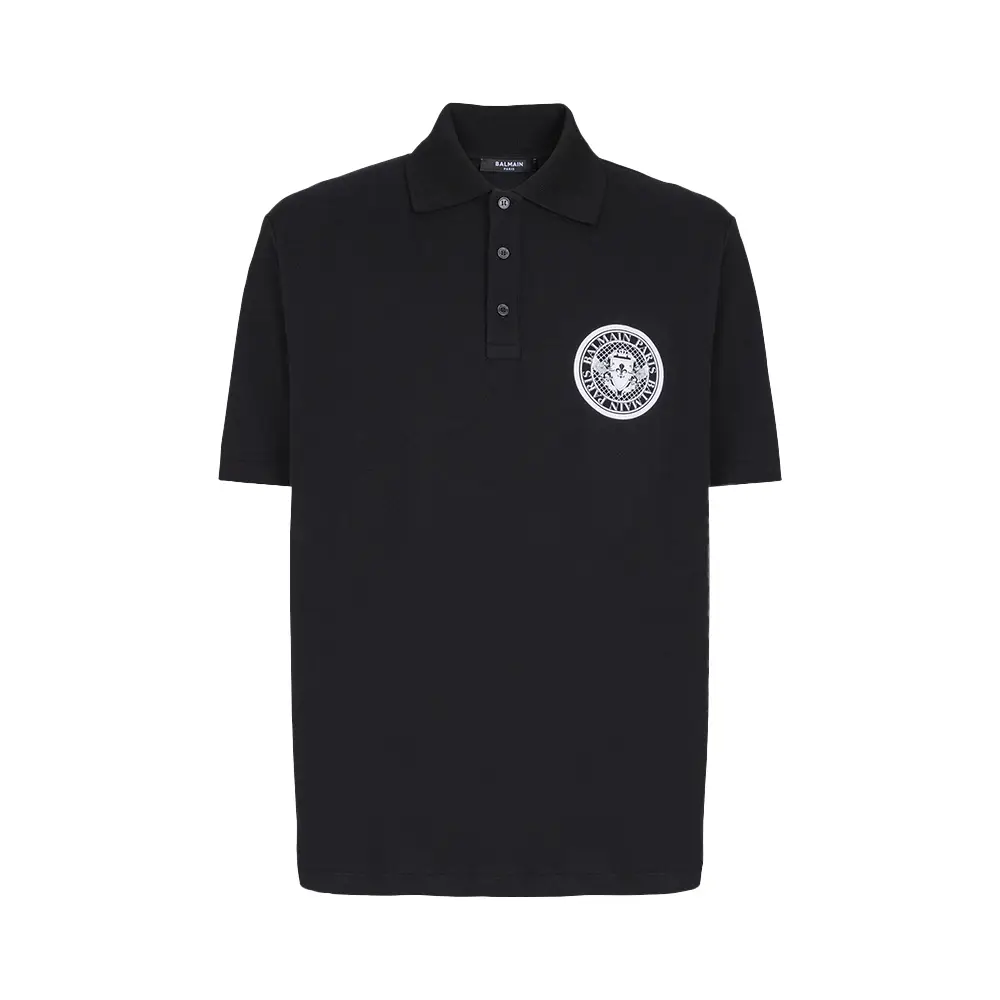 Balmain Coin Logo Printed Cotton Polo Shirt Black –