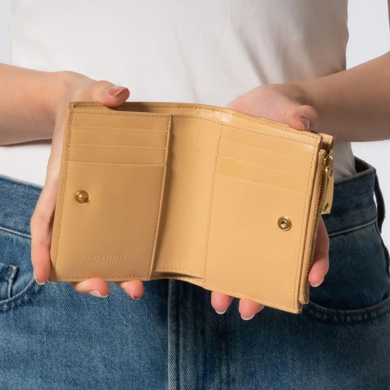 Bottega Veneta Small Cassette Bi-Fold Zip Wallet Almond – voilà.id