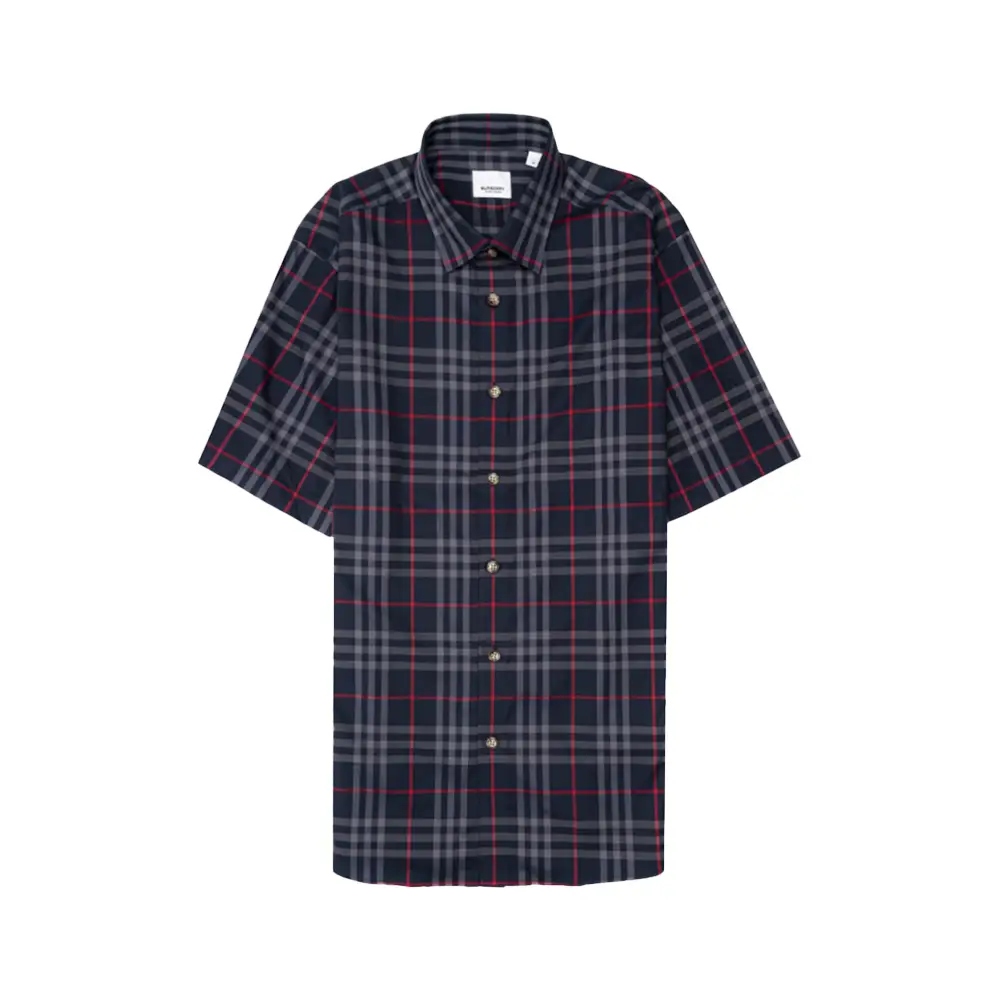 Burberry Check Poplin Short Sleeve Shirt Navy –