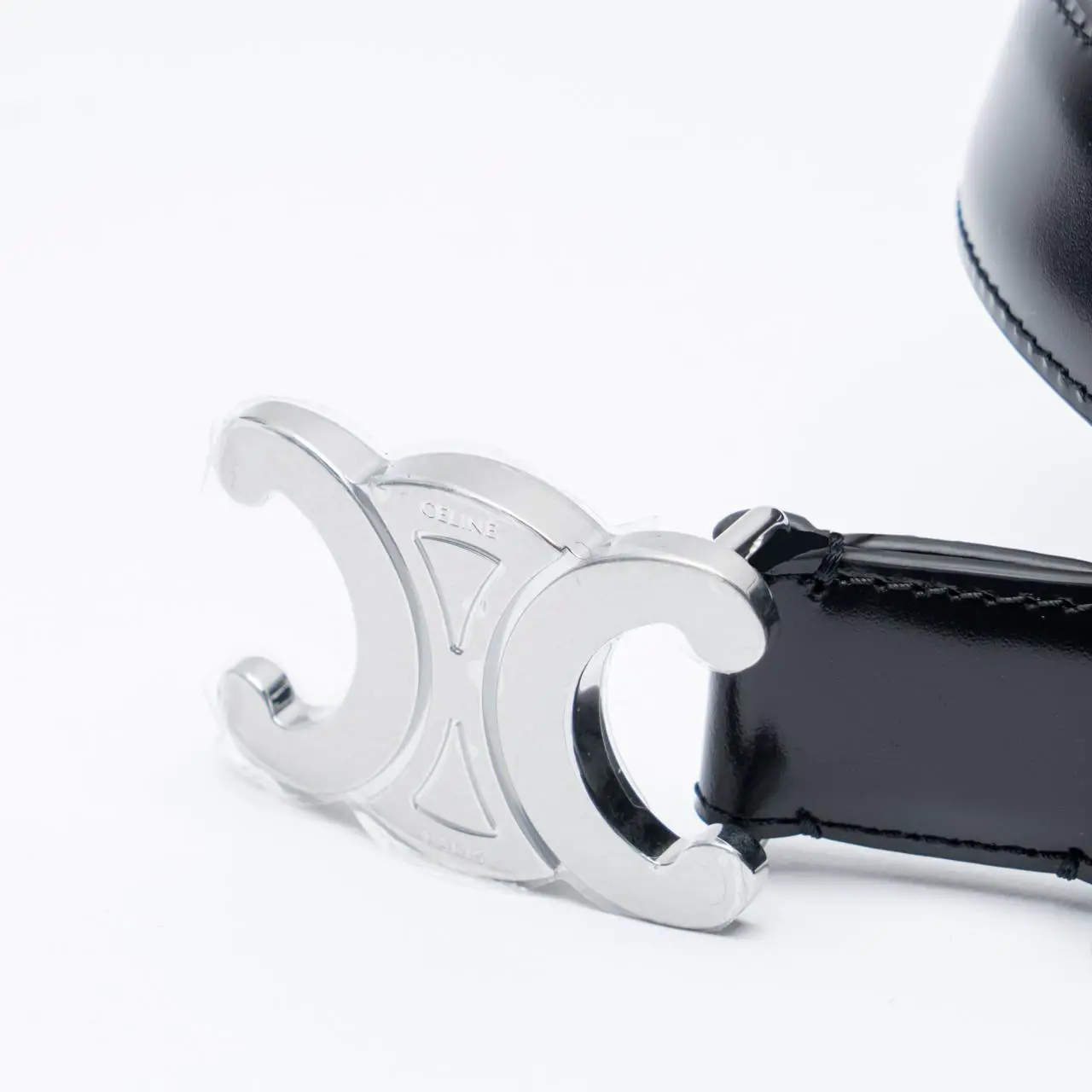 Celine Medium 25mm Triomphe Belt - Black w/ Silver Celine Box Calfskin Medium Triomphe Belt 80 32 Black 1795133  main image 3