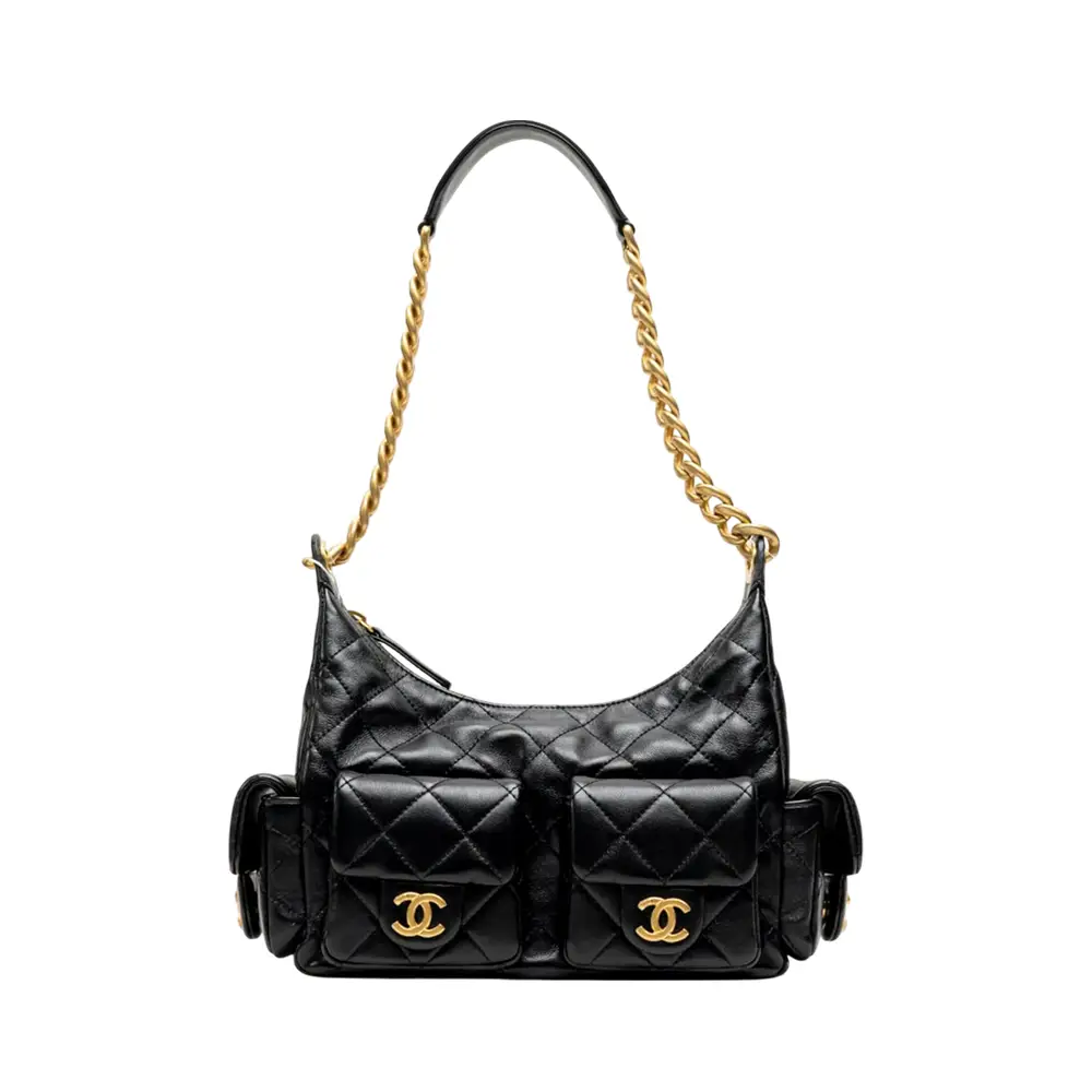 Chanel Hobo Cargo Bag Shiny Lambskin Leather Black Ghw –
