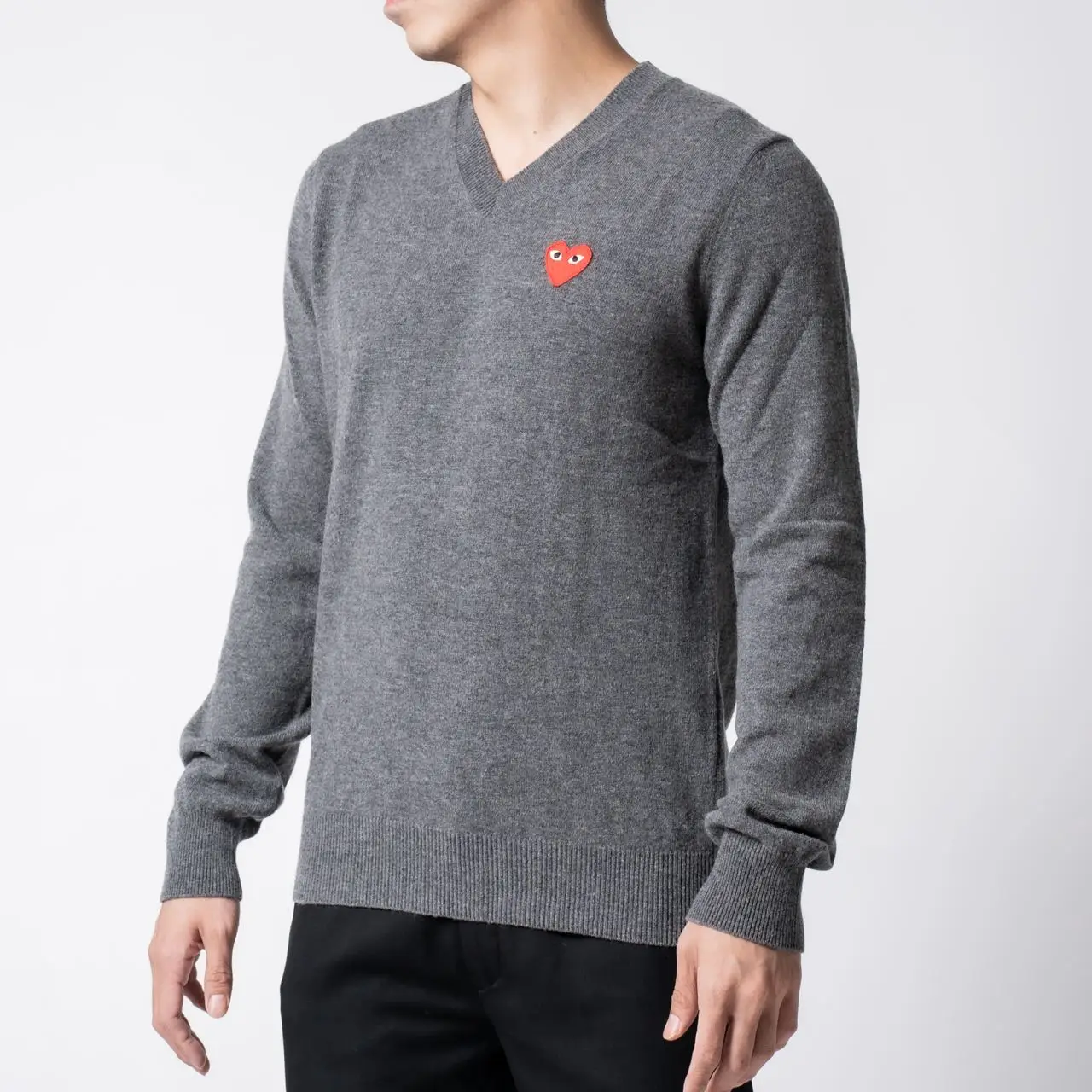 Comme Des Garcons Red Heart Patch V-Neck Pullover Grey – voilà.id