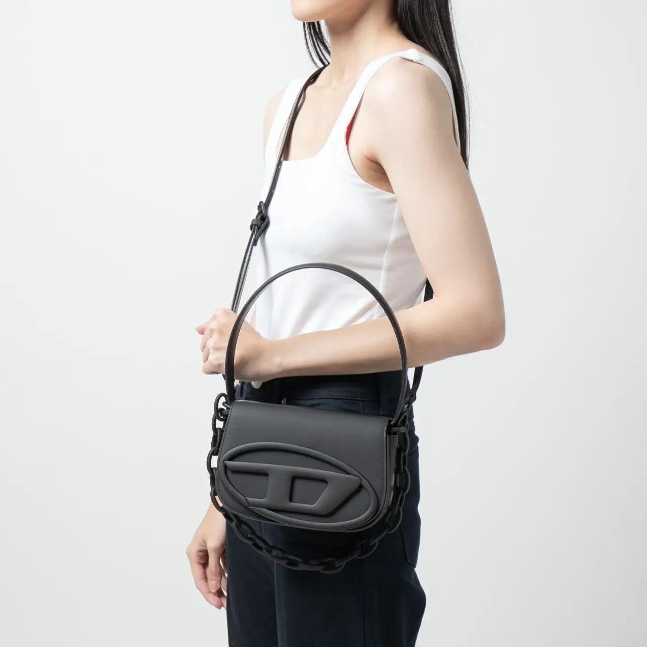 Diesel 1DR Iconic Matte Leather Shoulder Bag with Chain Handle 