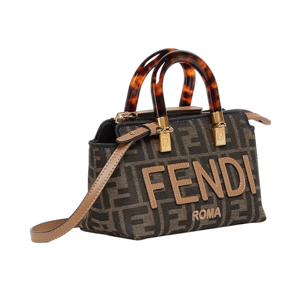 Fendi Mini By The Way Top Handle Leather and FF Fabric Boston Bag 