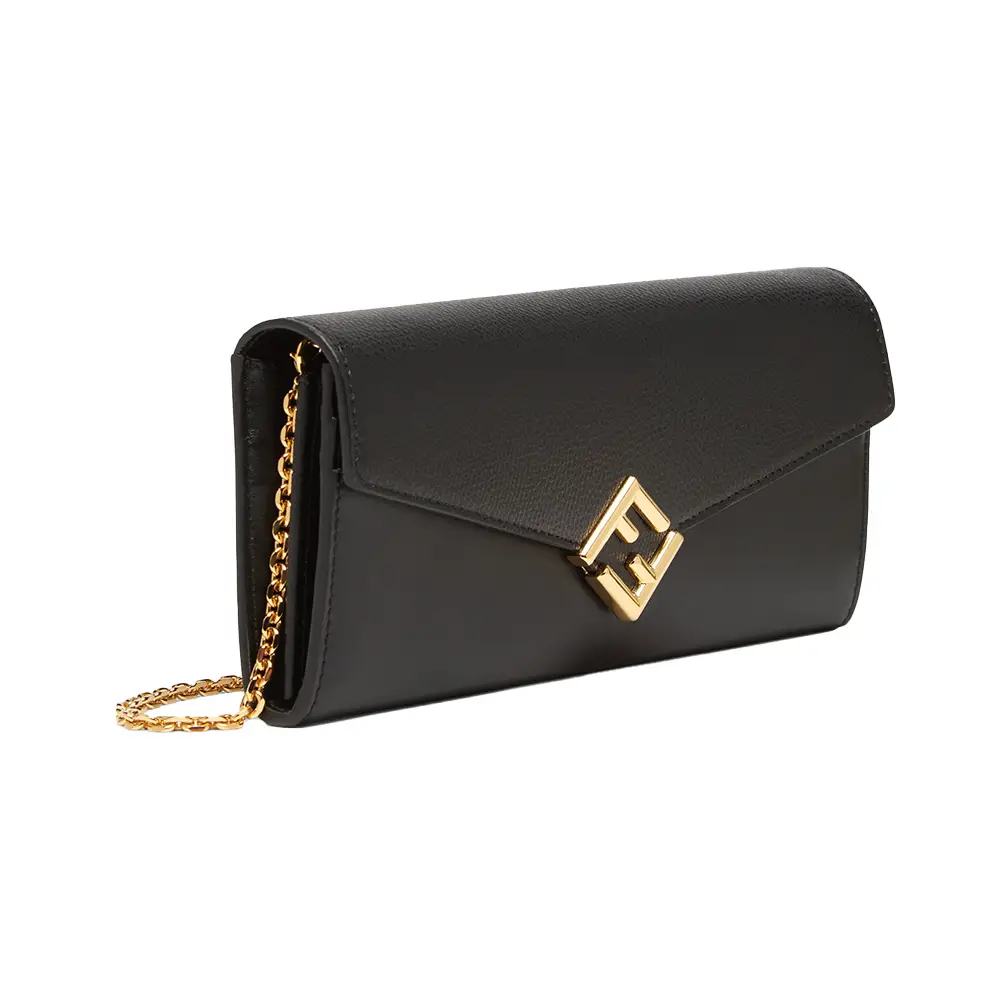 Fendi FF Diamonds Continental Small Logo Wallet on Chain Black 