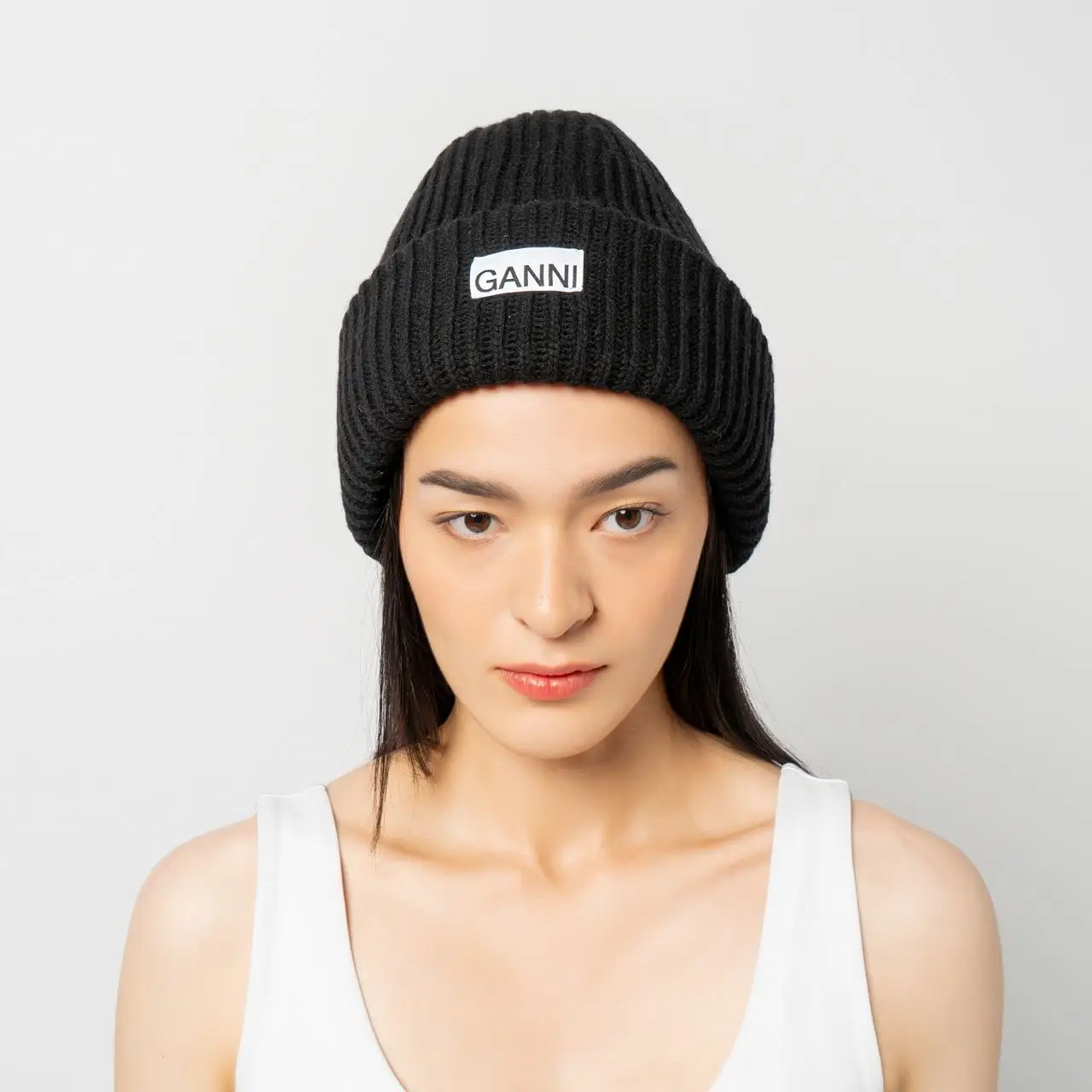 GANNI Black Ribbed Cuff Beanie Signature Woven Logo Tag Knit Hat Oversized Wool Rib Knit Beanie | GANNI US main image 2