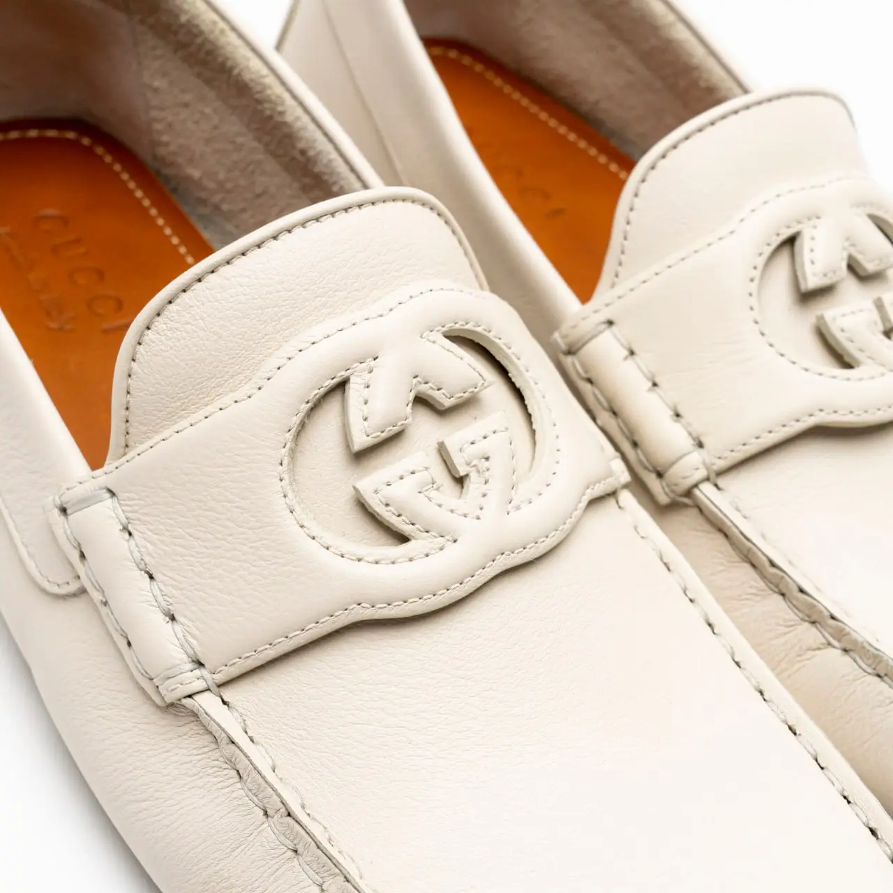 Gucci Interlocking G Driver Leather Loafers Soft White 