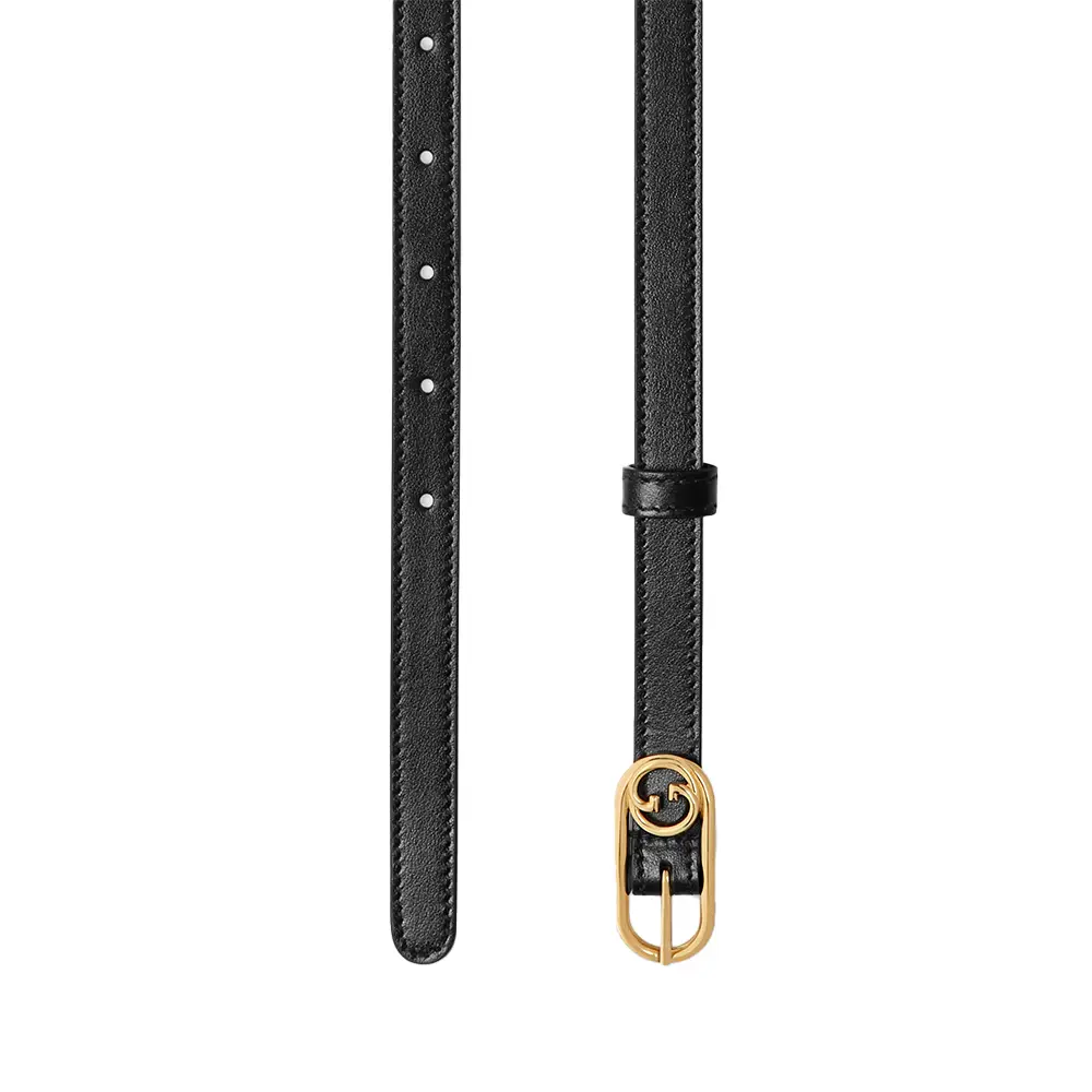 Round Interlocking G Thin Leather Belt 15mm Black