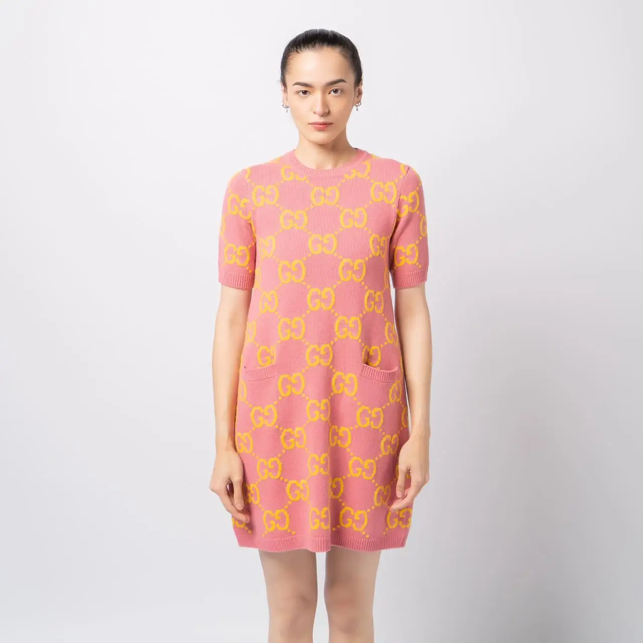 Gucci GG Knit Wool Dress Pink/Yellow  voil.id