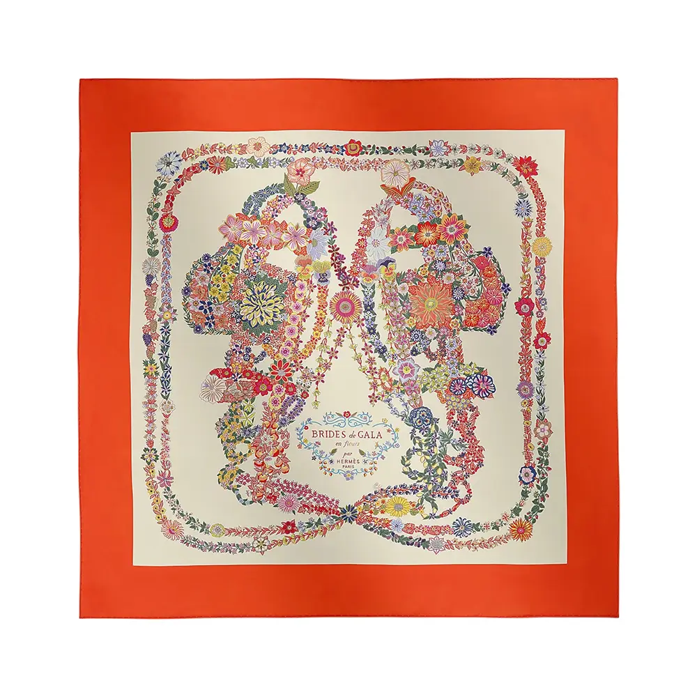 Hermès Brides De Gala En Fleur Scarf 90 Vermillon Vanille