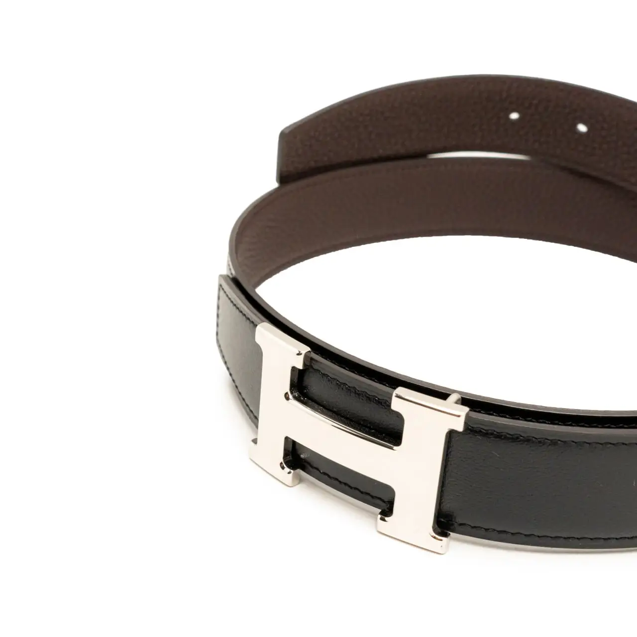 New Hermes Sliver H Buckle Reversible Double-Face Leather Belt in Black and Brow Hermes Black & Brown Silver H Buckle Reversible Belt – Savonches main image 4
