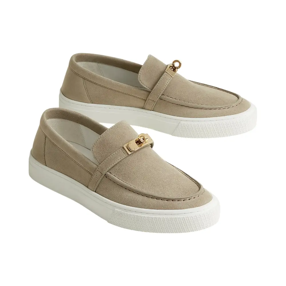 Hermès Game Suede Goatskin Slip-On Loafers Beige Esquisse 