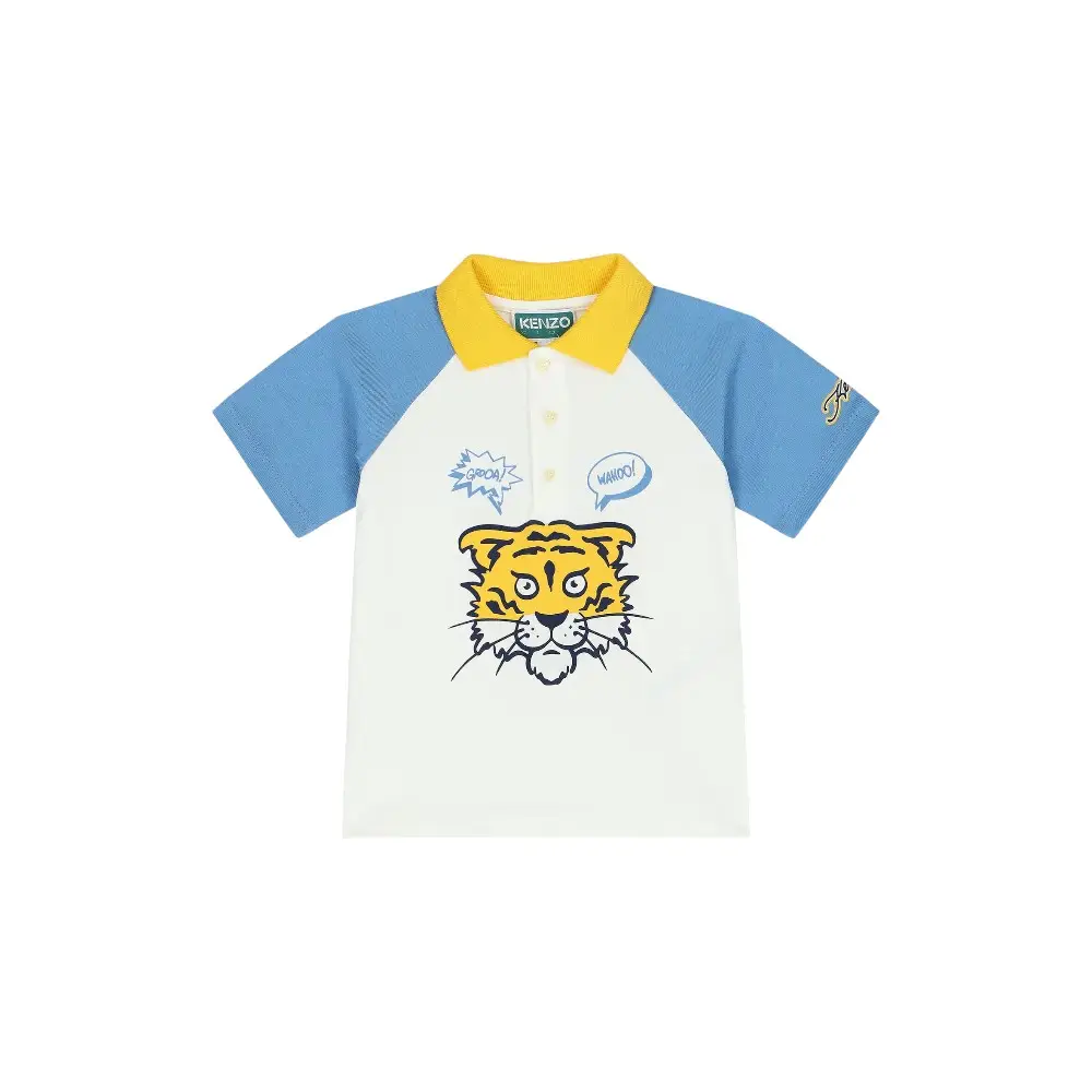 Kenzo Boy Tiger Logo Polo Shirt in Blue and White –