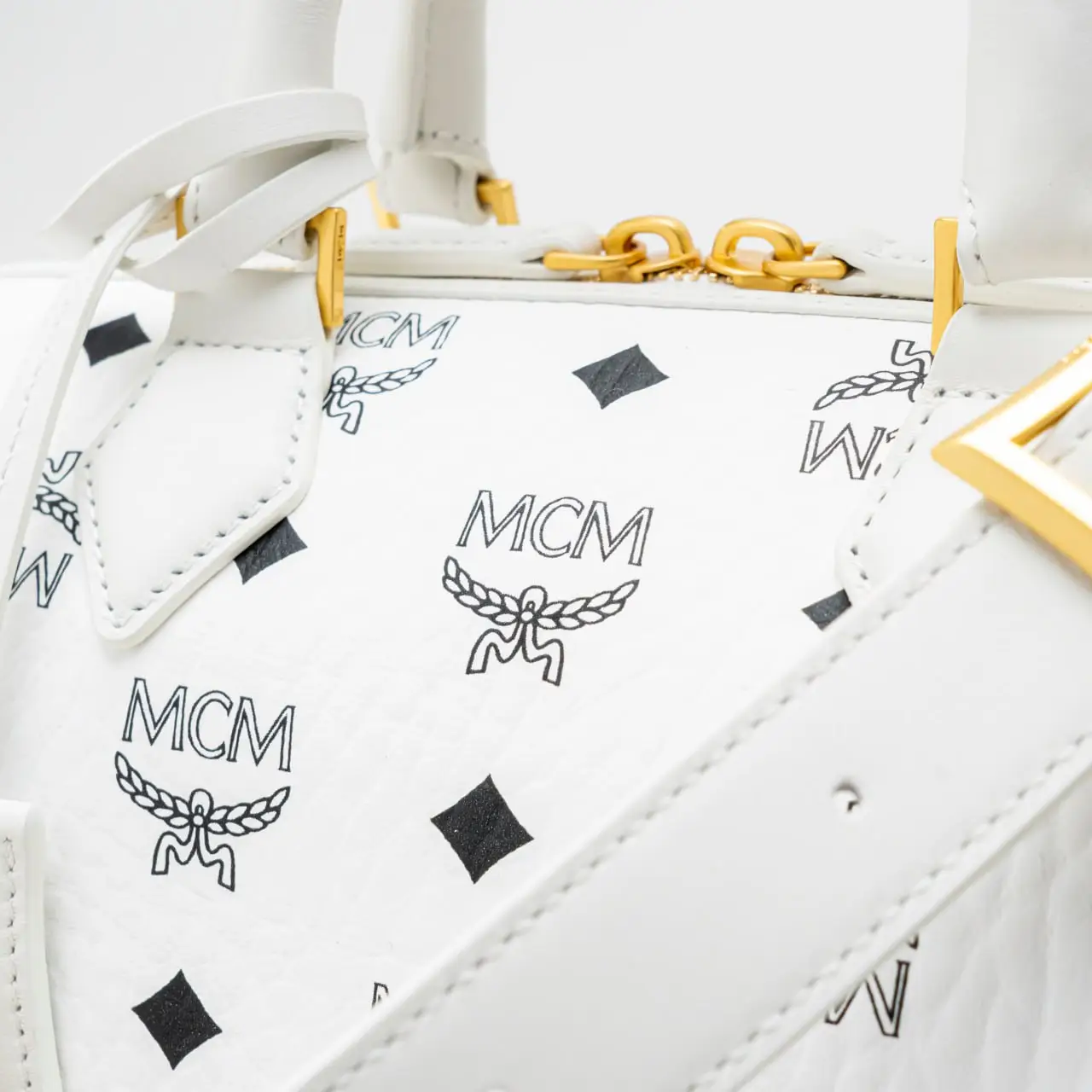 MCM Ella Visetos Leather Boston Bag White – voilà.id