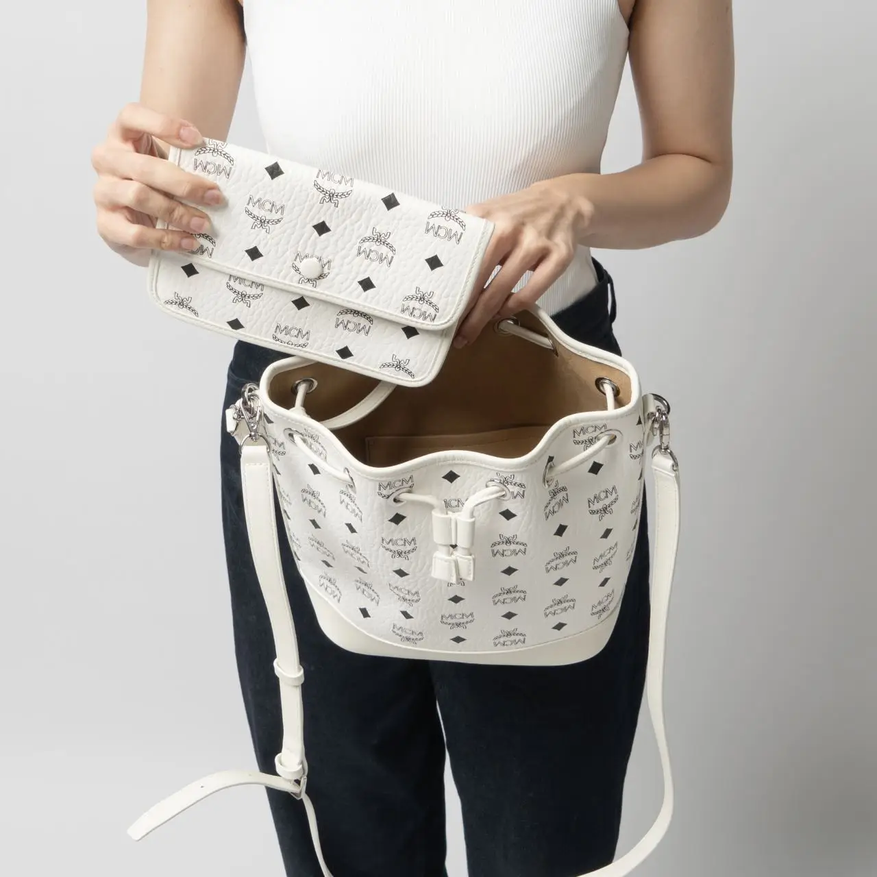 MCM Medium Dessau Drawstring Bag in Visetos White – voilà.id