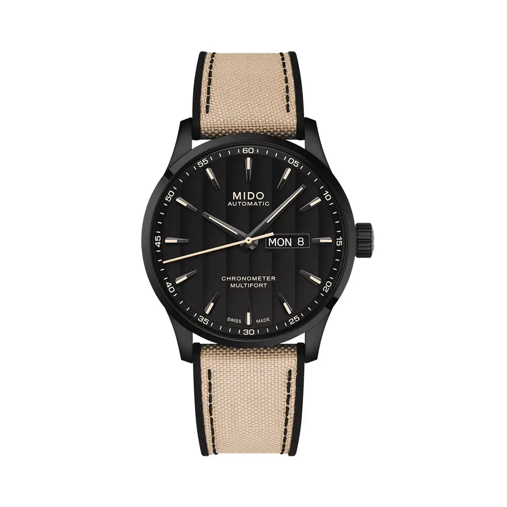 Mido Multifort Chronometer Automatic Black Dial Biege Fabric Strap