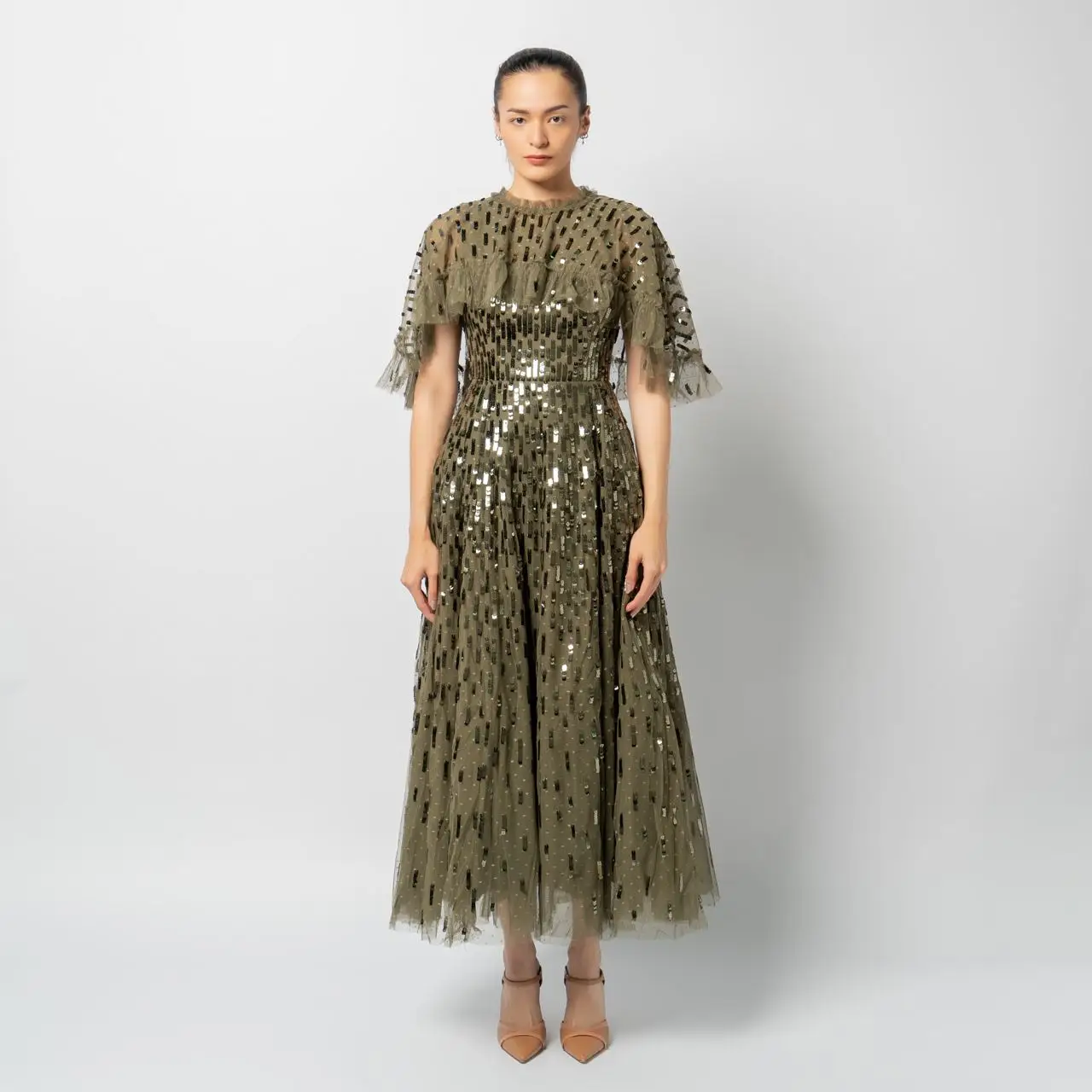 Needle & Thread Sequin Dash Cape Ankle Gown Green  voil.id