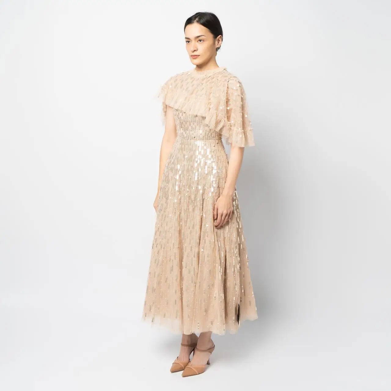 slim fit dress slacks Silver Sleeveless Sequin Dress With Gold Floral Detail