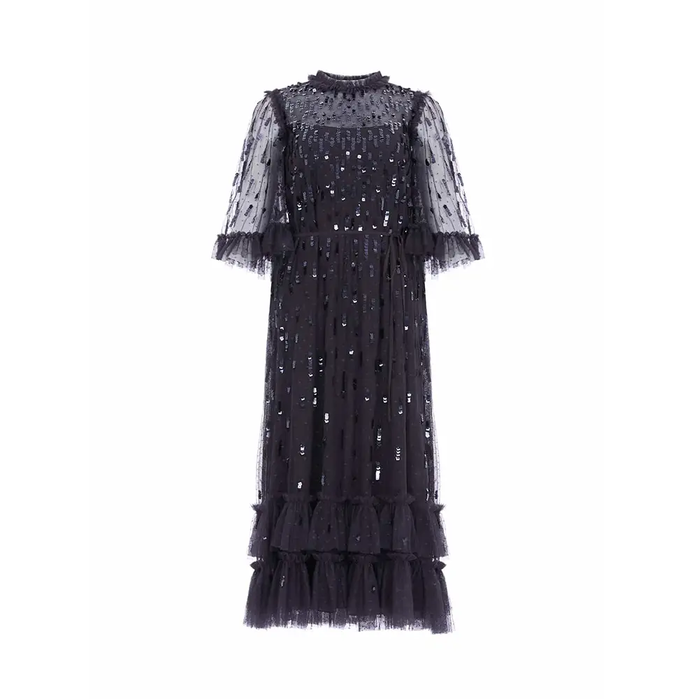 Self Portrait Lace Velvet Bow Midi Dress Black  voil.id