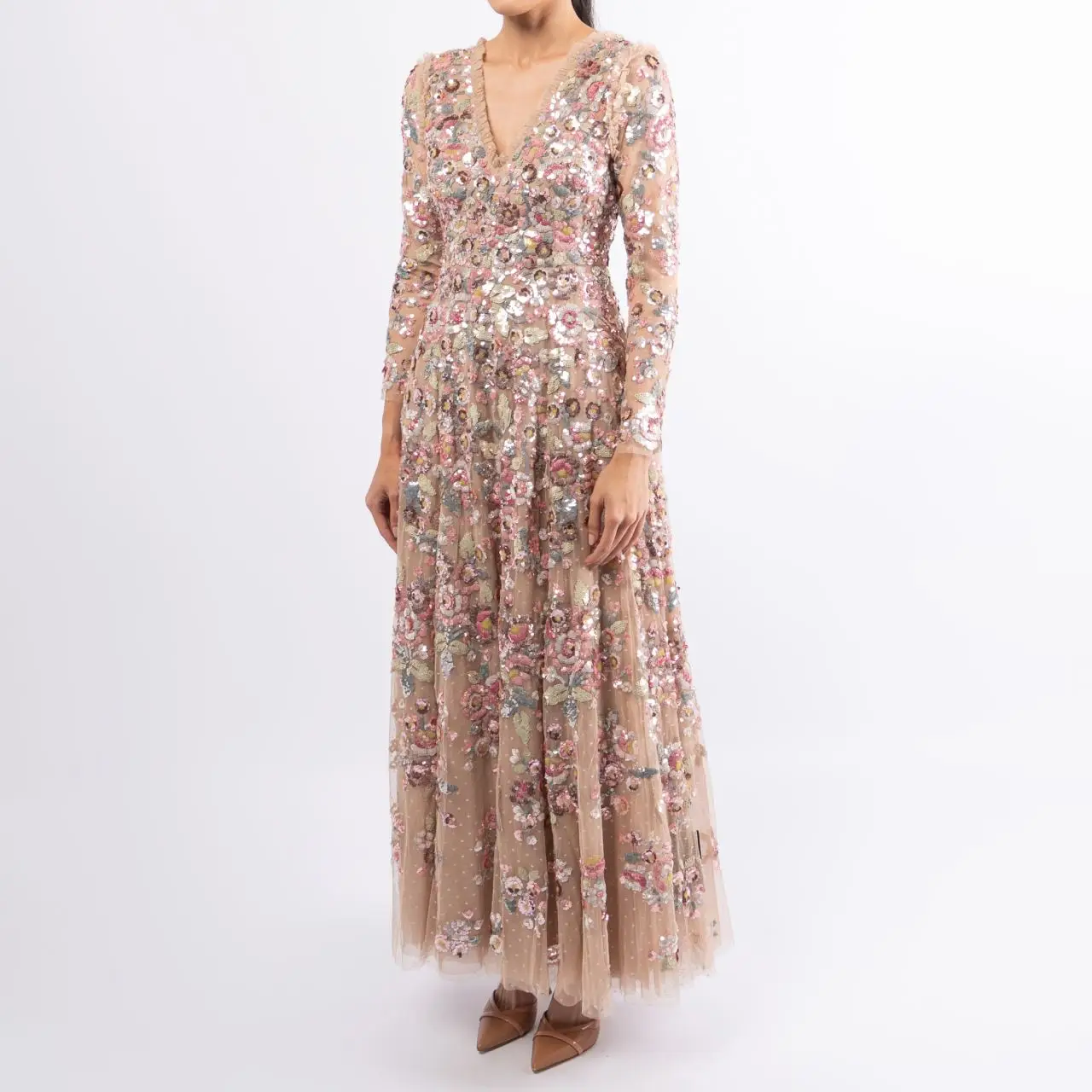 HOT ! Long Sleeve Gown Needle And Thread Tiled Sequin Dress Needle Thread  Sequin Paradise Long Sleeve Gown Beige