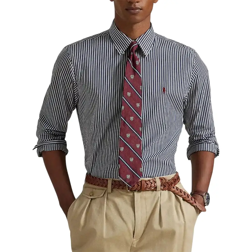 Striped Stretch Cotton Logo Shirt Navy