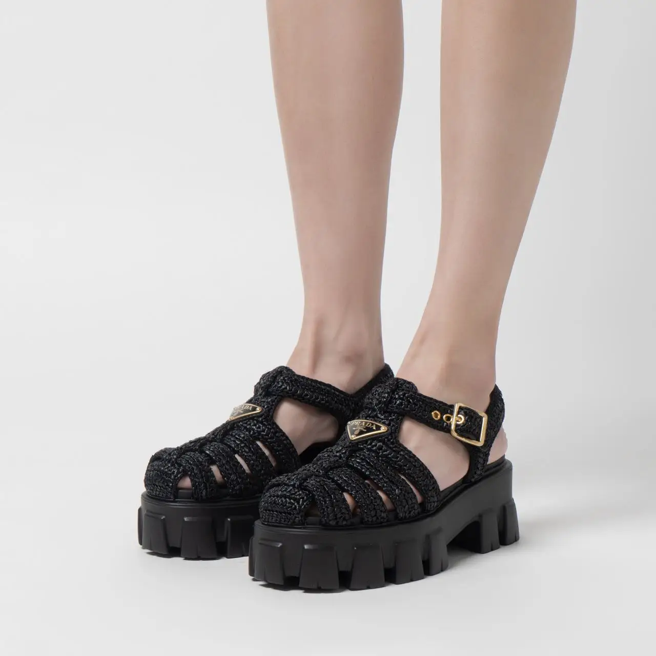 PRADA Black Raffia Slippers Prada Monolith Raffia Cage Sandals