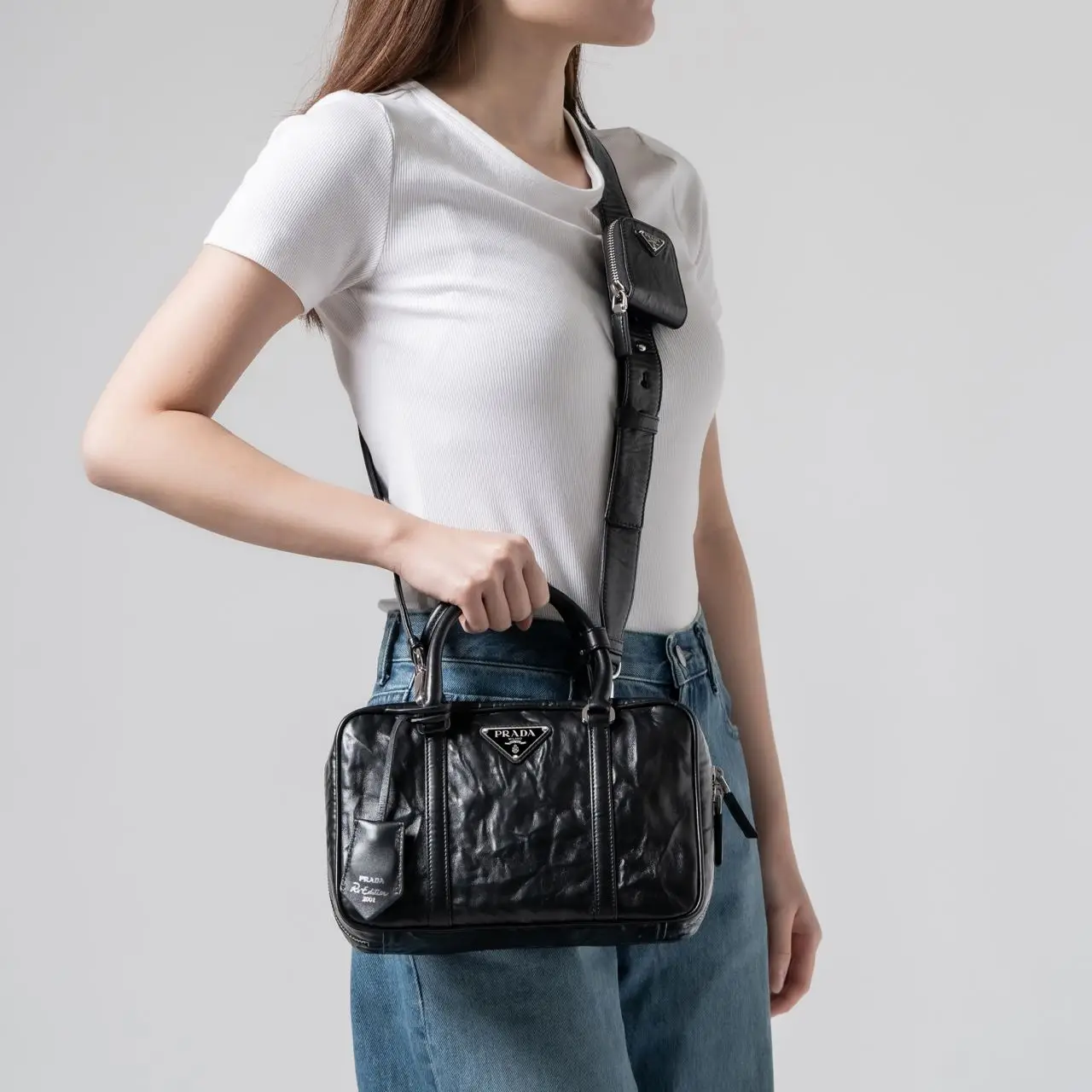 Prada FW 1998 black nylon shoulder bag with metal handle PRADA 
