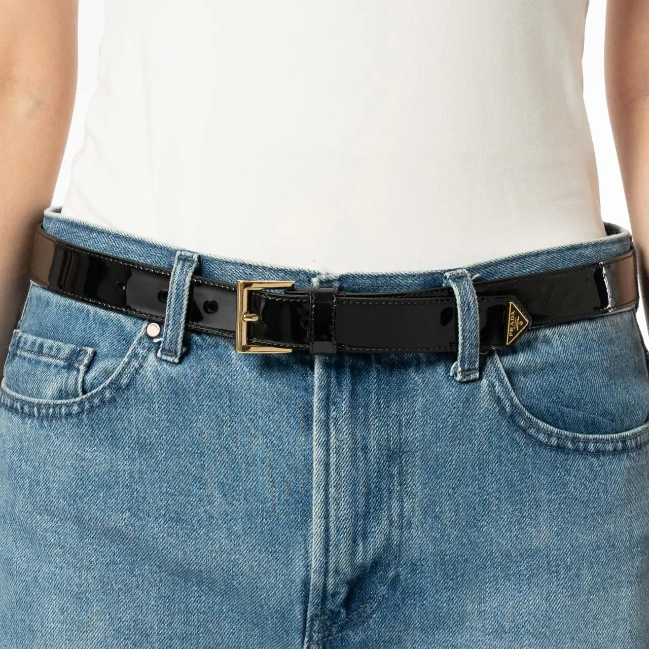 Prada Black Patent Leather Belt with Yellow Stitching Prada Logo Ruched Leather Belt | Neiman Marcus main image 4