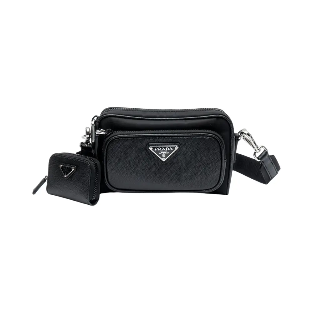 Prada Metal Logo Re-Nylon and Saffiano Shoulder Bag Black –