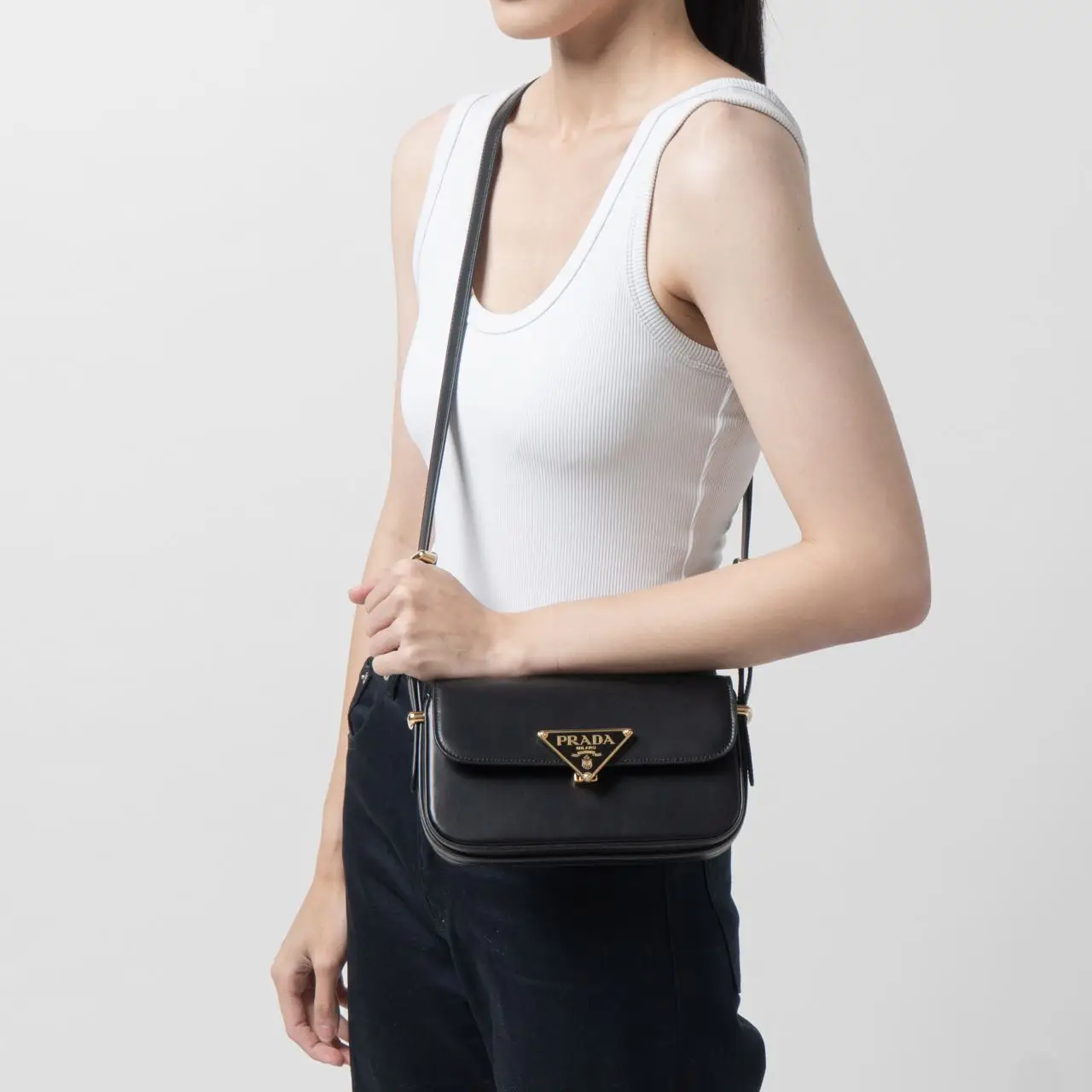 Prada Logo Enameled Metal Triangle Leather Shoulder Bag Black 