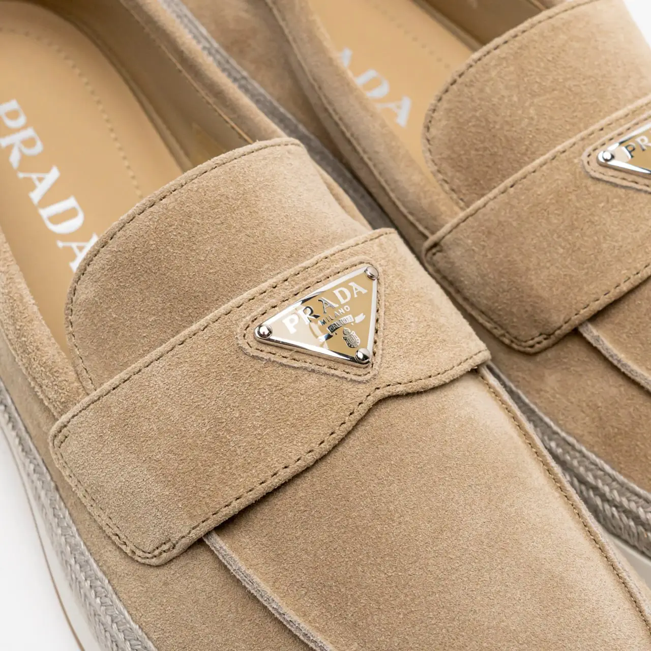 Prada Tan Suede Slip-On Loafers with Triangle Logo Prada Suede Shearling Triangle Logo Loafer 38.5 Cocoa Brown  main image 2
