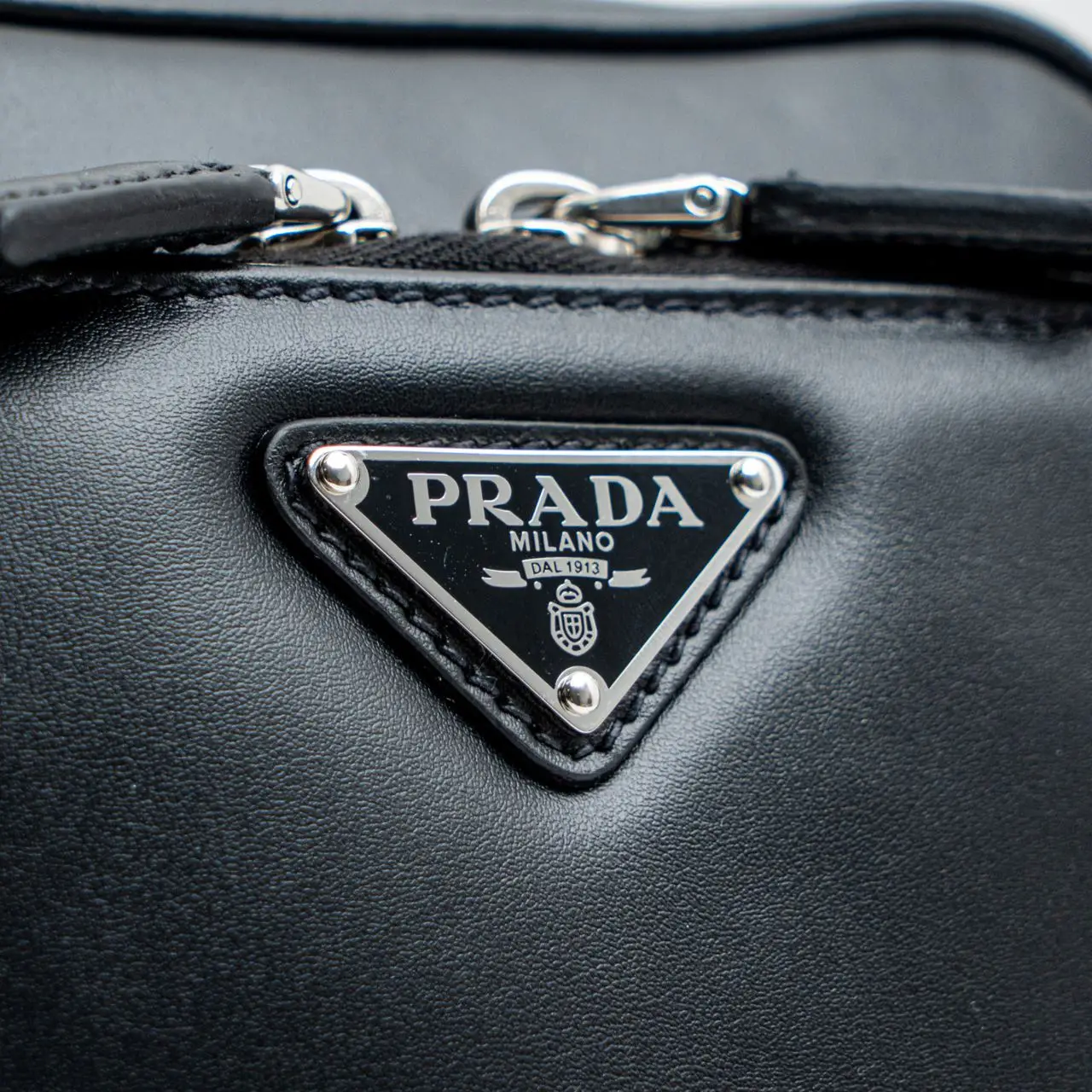 Prada Triangle Metal Logo Leather Shoulder Bag With Pouch Black 