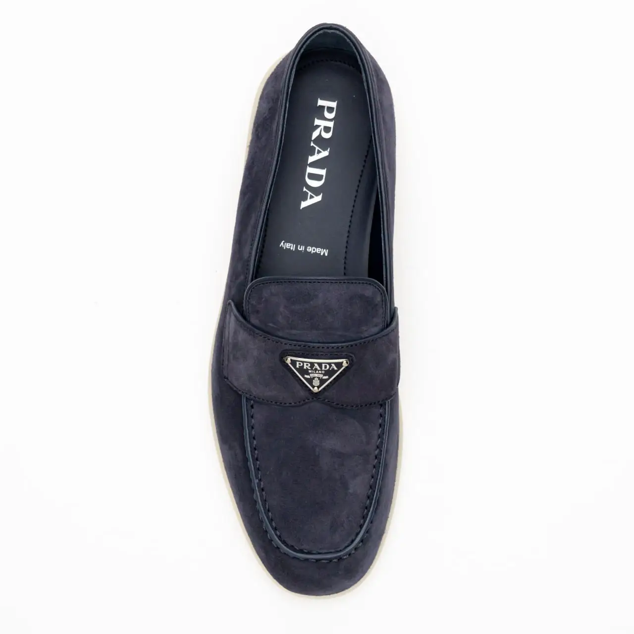 Prada Triangle Enamel Logo Loafers Suede Navy – voilà.id