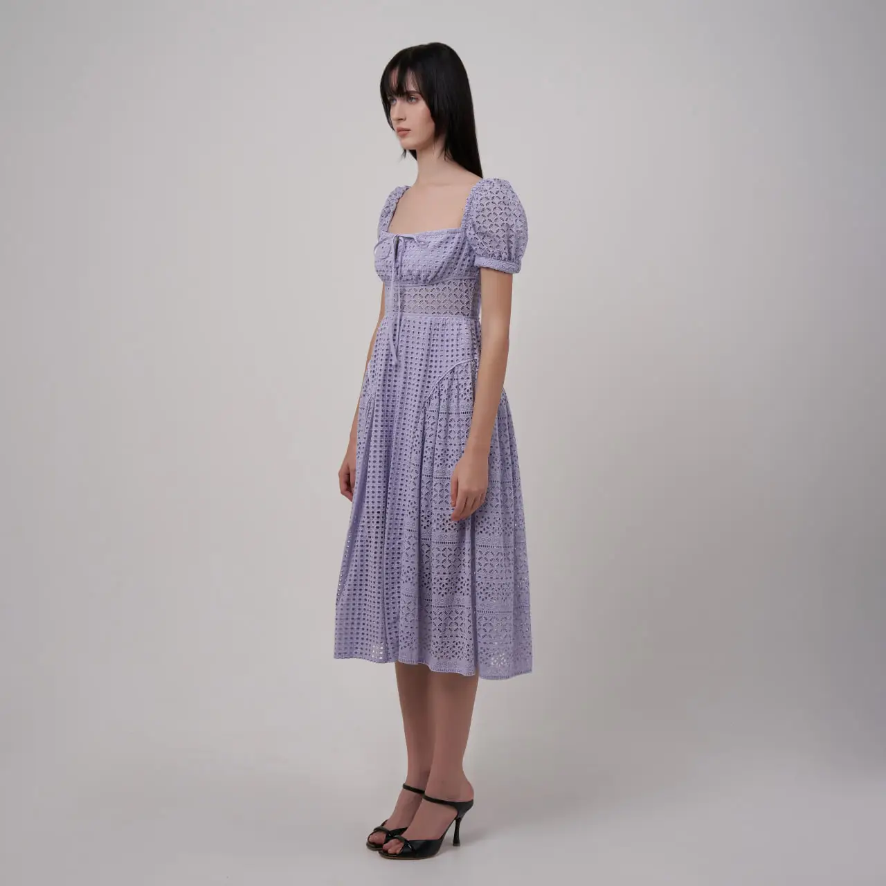 Self Portrait Cotton Broderie Anglaise Puff Sleeves Midi Dress Lilac –  voilà.id