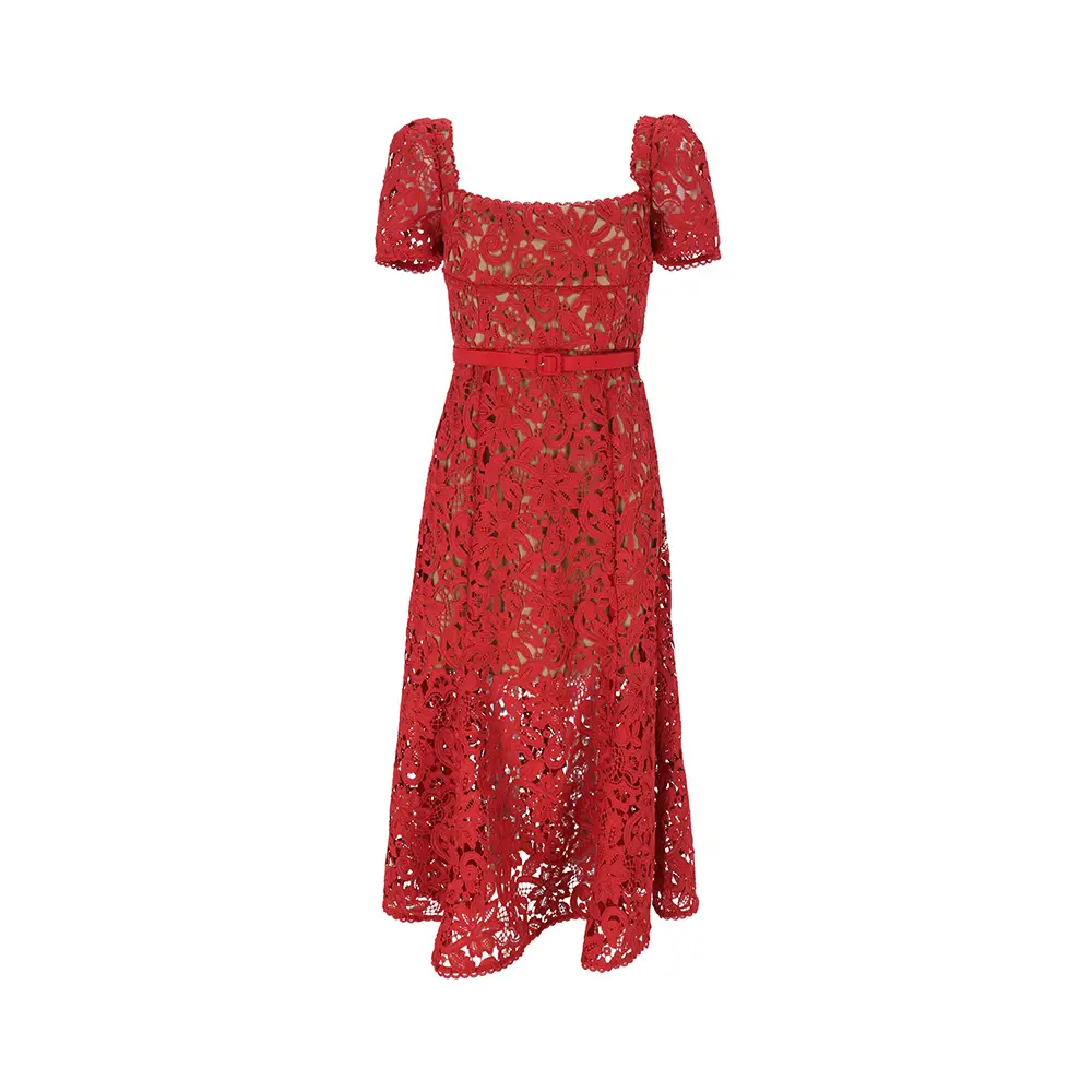 Self Portrait Floral Lace Flared Dress Red  voil.id