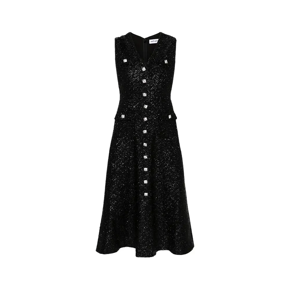 Self Portrait Tinsel Boucle Buttoned Sleeveless Midi Dress Black  voil.id