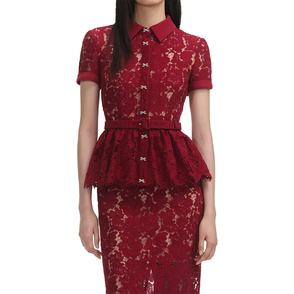Self Portrait Lace Peplum Midi Dress Burgundy –