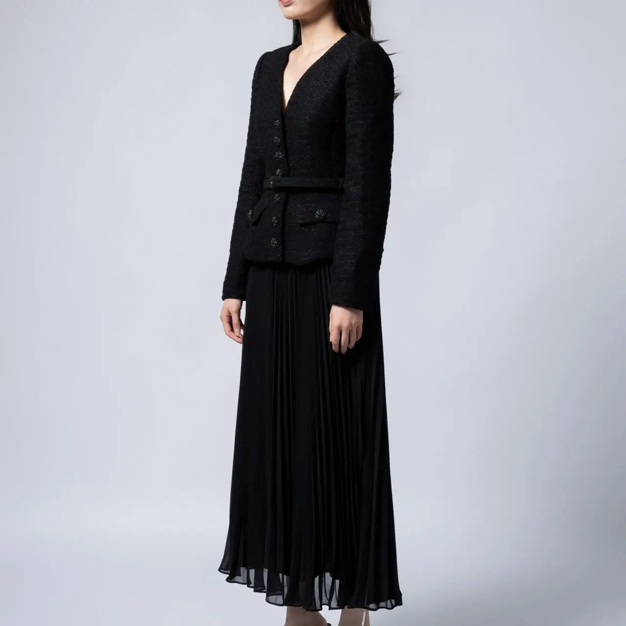 Self Portrait Boucle Chiffon Midi Dress Black  voil.id