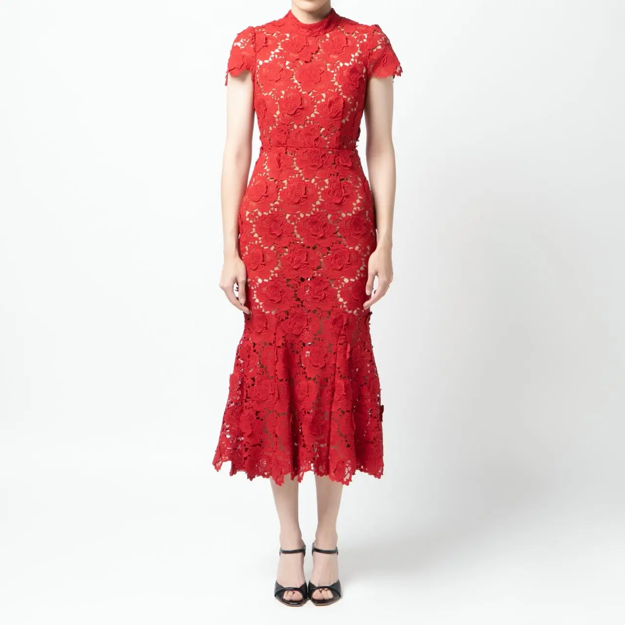 chinese dress ladies Burgundy Floral Lace Midi Dress – self-portrait-US main image 0