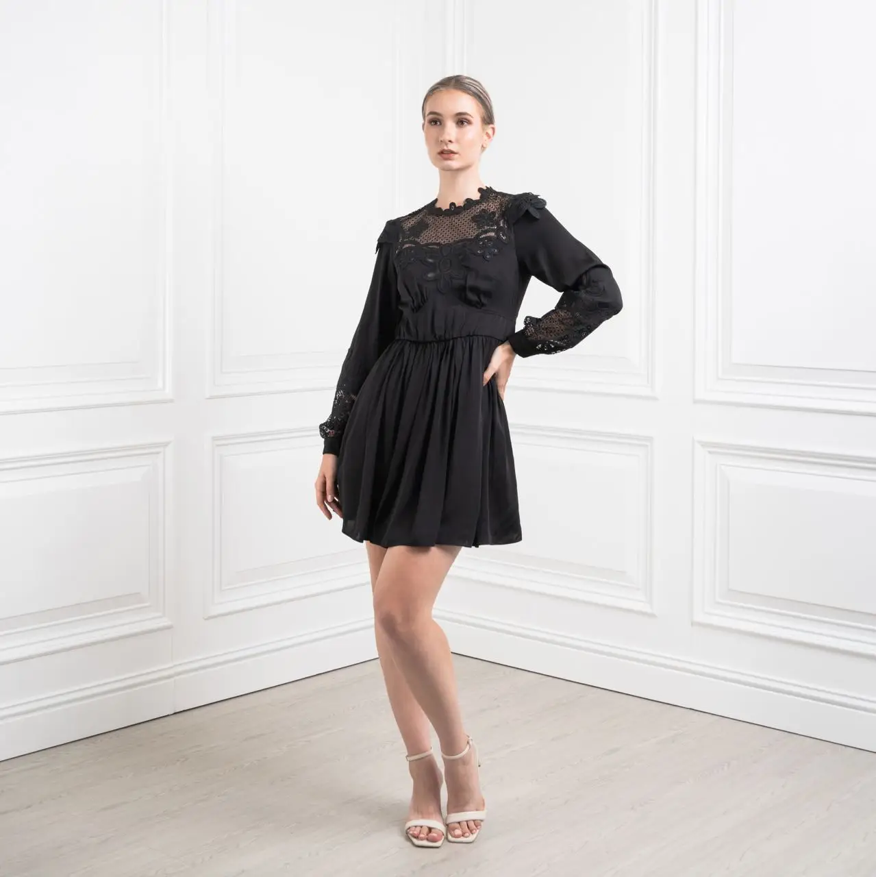 Self Portrait Guipure Lace Bib Mini Dress Black  voil.id