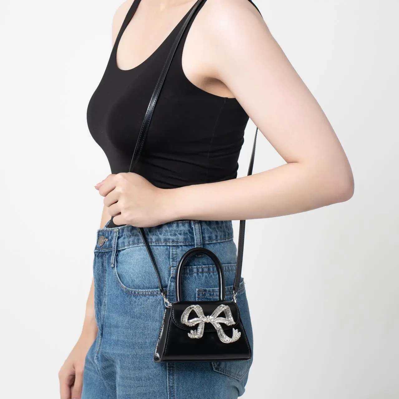 Self Portrait Micro Bow Top Handle Bag Black with Diamante – voilà.id