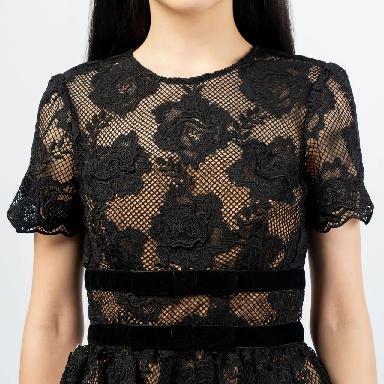 chinese dress ladies Lace Velvet Bow Mini Dress in Black main image 1