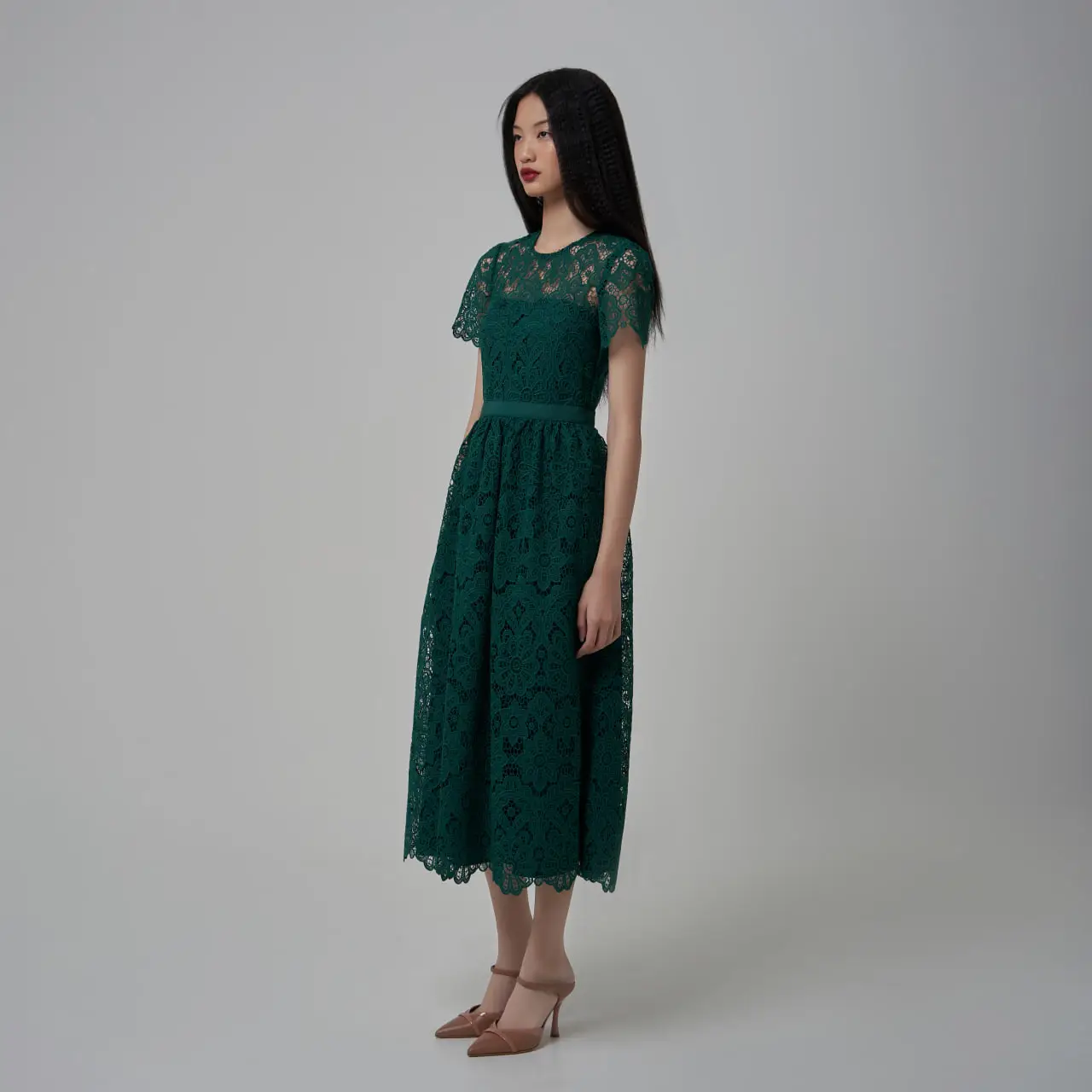 Self Portrait Floral Guipure Midi Dress Dark Green  voil.id