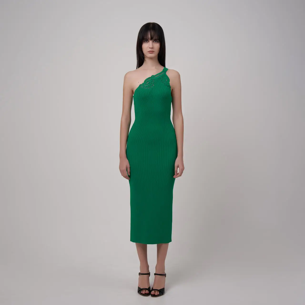 Self Portrait One Shoulder Ribbed Knit Midi Dress Bright Green  voil.id