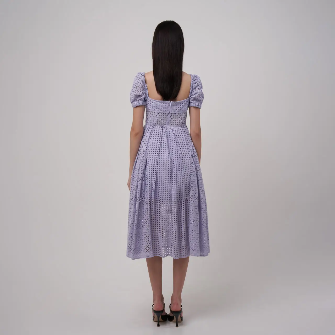 Self Portrait Cotton Broderie Anglaise Puff Sleeves Midi Dress Lilac – voilà.id