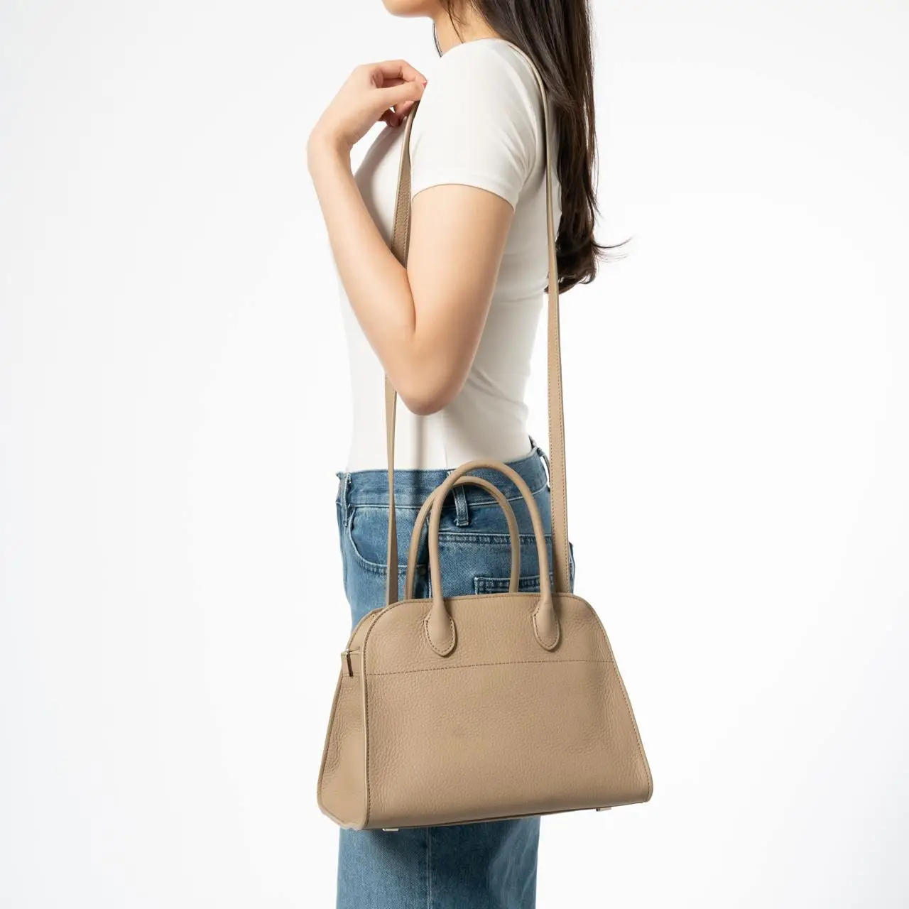 The Row Soft Margaux 10 Grained Leather Handbag Dark Taupe – voilà.id